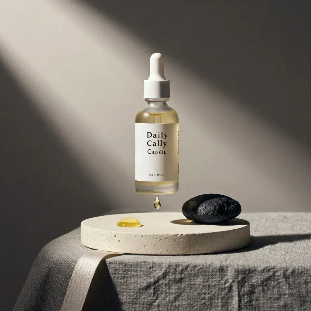 Unlabelled CBD oil bottle hovering above plaster plinth with oil droplets, pebble, and mist.