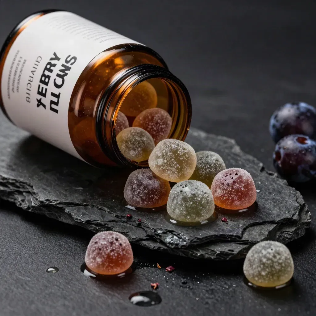 Unlabelled gummies jar spilling glossy berry chews on wet basalt with sage-green stems, dramatic studio light