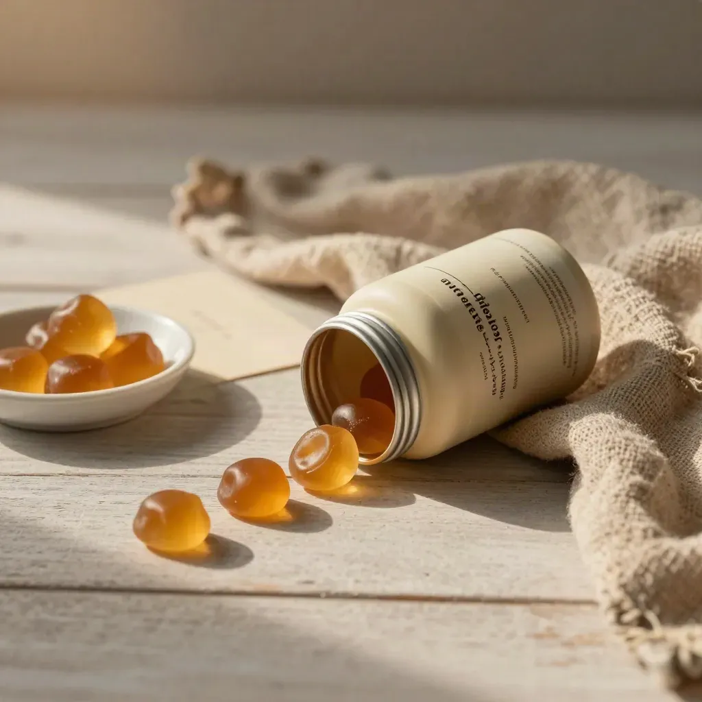 Cream tin with gummies, ceramic dish, and flax cloth on pale wood in warm soft light.