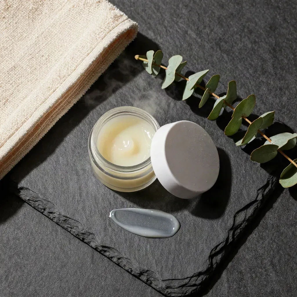 Overhead flatlay of an open CBD balm jar, towel, eucalyptus stem, and balm smear on slate.