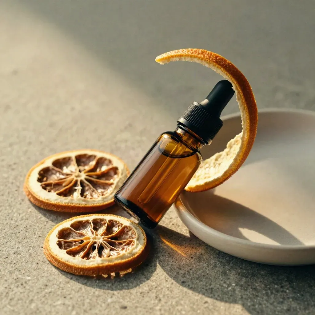 Amber CBD oil bottle with dried citrus rounds, peel, and saucer on brushed stone.