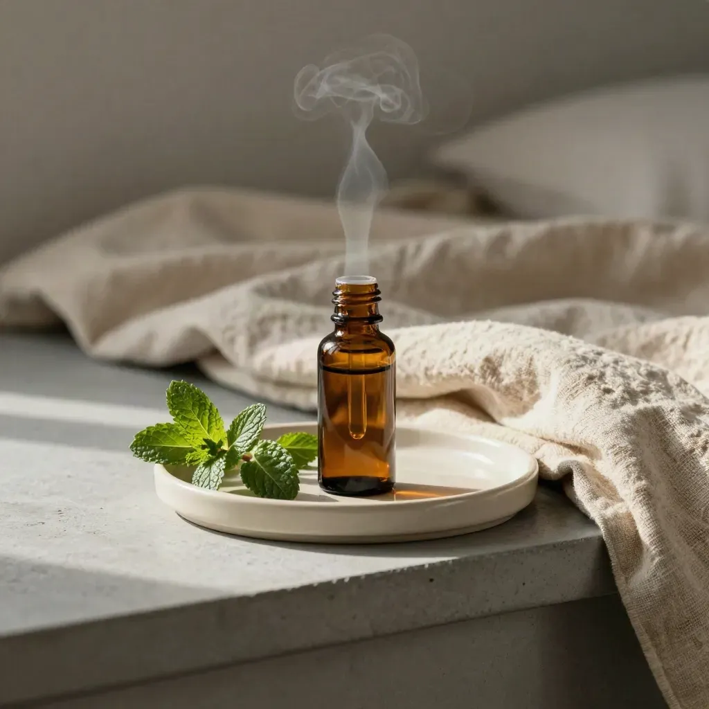 Amber sleep tincture bottle with mint, linen runner and ceramic tray in a calm bedside scene