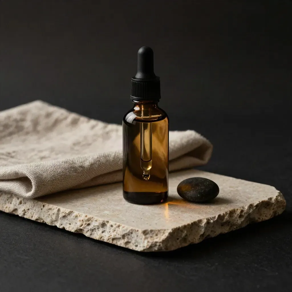 Dark glass CBD oil bottle with dropper, pebble and cloth on stone, dramatic studio light
